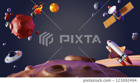 3d galaxy background with planets, spaceship, satellite and flying saucer UFO in outer space. Alien planet or moon landscape with craters and comet flying in night sky, cartoon render. 3D illustration 123892494