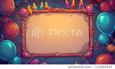 Birthday party frame decorated with colorful balloons and candles 123892497