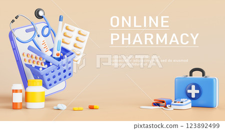 Online pharmacy 3d banner. Drugstore in mobile app, drug delivery service concept. Cartoon render smartphone with first aid medicine bag, tonometer, thermometer, syringe, pill bottle. 3D illustration 123892499