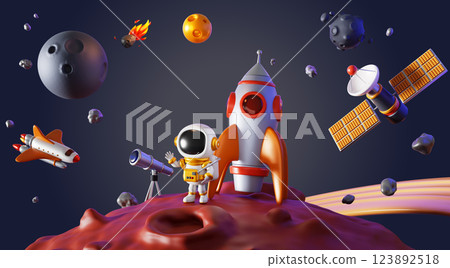 3d astronaut and rocket on Mars surface render. Cosmonaut with telescope explore outer space and waving. Cartoon alien planet landscape with craters, meteor and satellite in night sky. 3D illustration 123892518