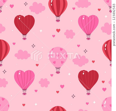 Seamless pattern with balloons in the shape of heart and classic shapes in pink tones. Vector graphics 123892583