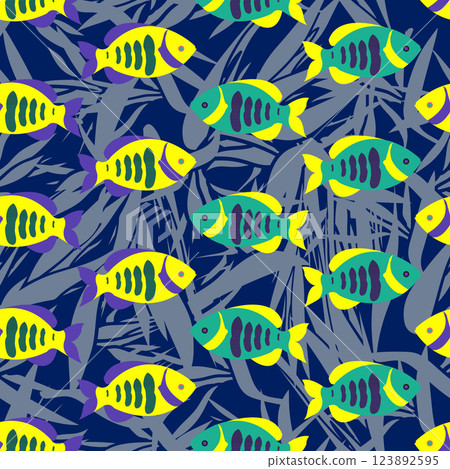 Colorful decorative fish. Decorative seamless pattern. Can be used in textile industry, paper, background, scrapbooking. Vector illustration 123892595