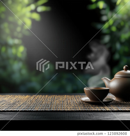 Traditional Japanese Tea Set on Black Background Warm Lighting Ceramic Textures and Rising Steam 123892608