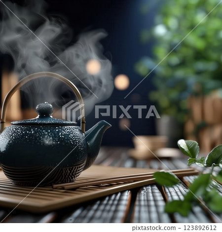 Traditional Japanese Tea Set on Black Background Ceramic Textures Warm Lighting and Rising Steam 123892612