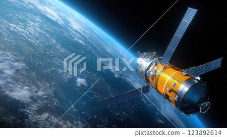 Futuristic Satellite Next to Decommissioned One Showcasing Space Tech Evolution in High Detail Orbiting Earth 123892614