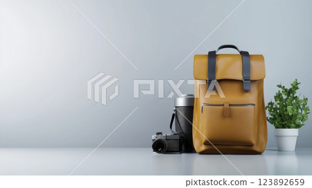 Stylish Neutral Tone Travel Backpack on Seamless Grey Background Modern Design Perfect for Travelers 123892659