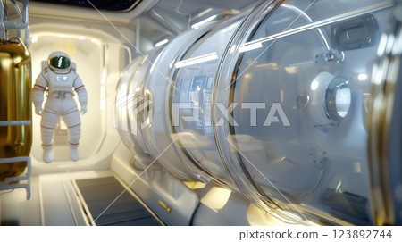 Universal Design Space Suit Docking Bay Modular Self Adjusting Suits for All Body Types with Holographic UI Panels 123892744