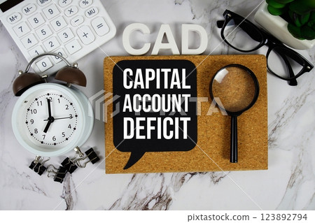 CAD - Capital Account Deficit acronym with calculator, alarm clock and magnifying glass, business concept background 123892794