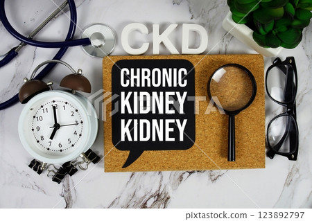 CKD - Chronic Kidney Disease acronym with stethoscope, alarm clock and magnifying glass, medical and healthcare concept background CKD - Chronic Kidney Disease acronym with stethoscope, alarm clock and magnifying glass, medical and healthcare concept background 123892797