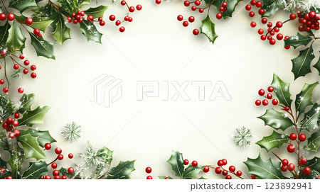 簡約優雅的聖誕框架設計,精美裝飾有冬青和紅色漿果 簡約優雅的聖誕框架設計,精美裝飾有冬青和紅色漿果 123892941