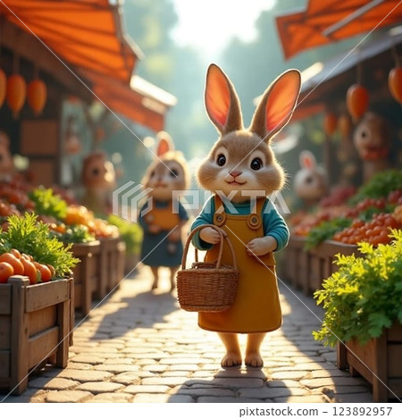 A cartoon bunny in an apron happily carries a basket while going to the market. 123892957