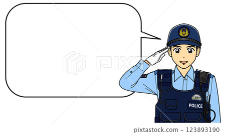 身穿夏季制服和防刺背心的男警員敬禮（附圓形對話框） 123893190