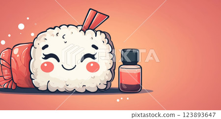 Kawaii sushi roll with blushing cheeks, waving a tiny soy sauce bottle, cute and playful style 123893647