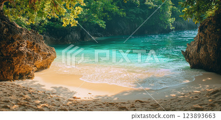 hidden cove with golden sand, surrounded by lush green cliffs, and calm, clear water 123893663