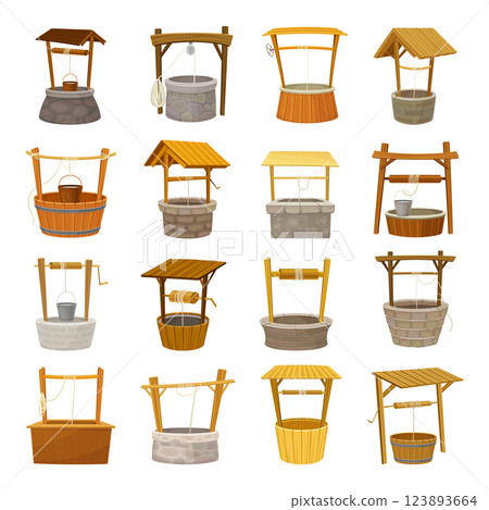 Water Well Made of Wood and Stone Vector Set 123893664