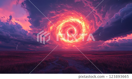 glowing magenta spiral, hovering above a windswept savanna with distant thunderstorms and lightning 123893665