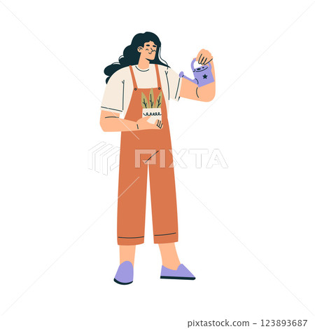Happy Woman Character Care of Flower in Pot Vector Illustration Happy Woman Character Care of Flower in Pot Vector Illustration 123893687