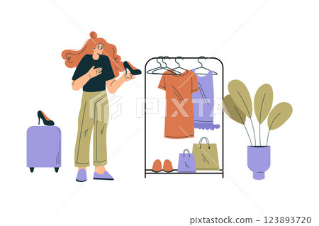 Weekend Market with Woman Character Buy Clothing Vector Illustration Weekend Market with Woman Character Buy Clothing Vector Illustration 123893720