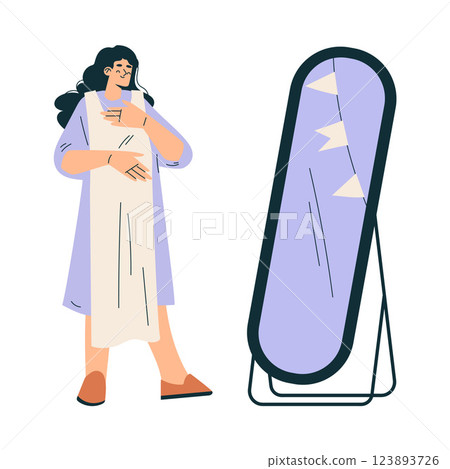 Weekend Market with Woman Character Buy Clothing Stand in Front of Mirror Vector Illustration Weekend Market with Woman Character Buy Clothing Stand in Front of Mirror Vector Illustration 123893726