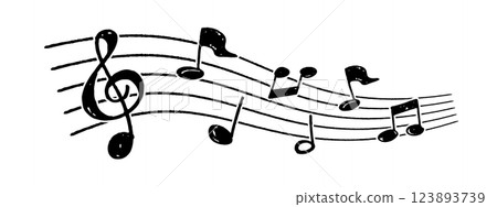 A vector illustration of musical notes scattered on a hand-drawn staff drawn with a pencil. 123893739