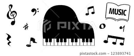 A vector icon illustration set of handwritten musical notes and a grand piano. A piano deformed for children 123893741