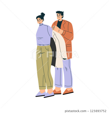 Weekend Market with Man and Woman Character Buy Clothing Vector Illustration 123893752