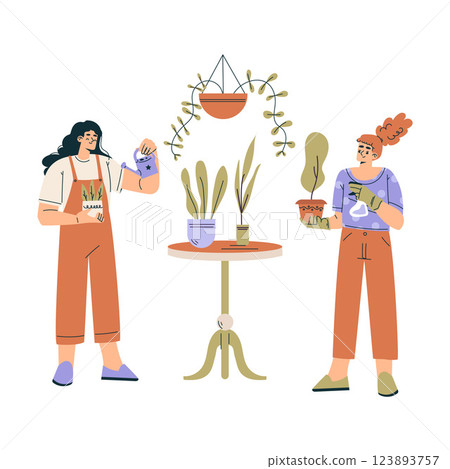 Happy Woman Character Care of Flower in Pot Vector Illustration 123893757