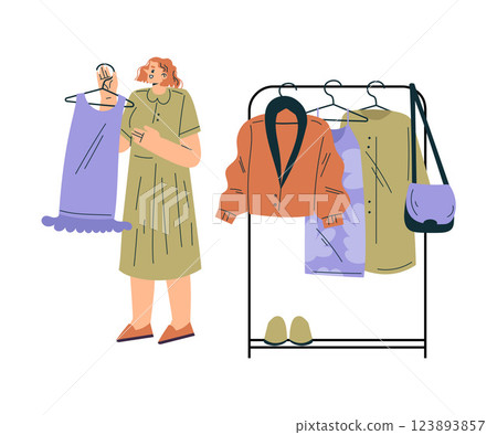 Weekend Market with Woman Character Buy Clothing Vector Illustration 123893857