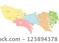 Map of Tokyo's mainland border with colored text Map of Tokyo's mainland border with colored text 123894378