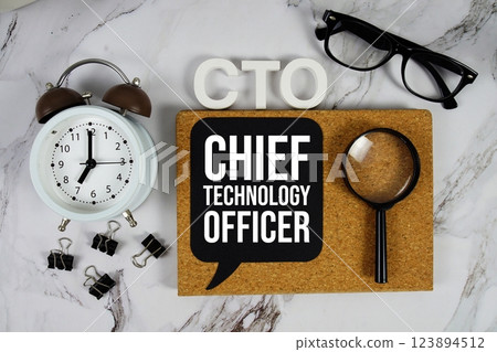 CTO - Chief Technology Officer acronym with alarm clock and magnifying glass, technology concept background CTO - Chief Technology Officer acronym with alarm clock and magnifying glass, technology concept background 123894512
