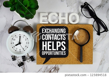 ECHO - Exchanging Contacts Helps Opportunities acronym with alarm clock and magnifying glass, business concept background ECHO - Exchanging Contacts Helps Opportunities acronym with alarm clock and magnifying glass, business concept background 123894518
