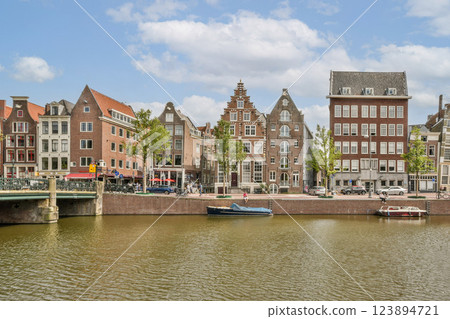 Picturesque scene featuring traditional Dutch buildings along a canal under a clear blue sky, showcasing the charm of Amsterdam's waterfront. Picturesque scene featuring traditional Dutch buildings along a canal under a clear blue sky, showcasing the charm of Amsterdam's waterfront. 123894721