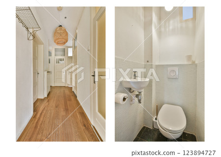 A contemporary hallway featuring sleek design elements and a minimalist restroom with elegant finishes. The lighting and layout enhance the space's sophistication. A contemporary hallway featuring sleek design elements and a minimalist restroom with elegant finishes. The lighting and layout enhance the space's sophistication. 123894727
