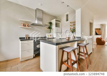 A sleek and contemporary kitchen featuring modern appliances, wooden accents, and elegant design elements for a cozy yet stylish ambiance. 123894748