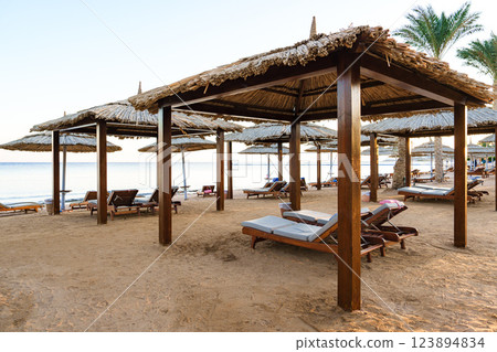 Relaxation areas on a serene beach with straw umbrellas and lounge chairs during sunset 123894834