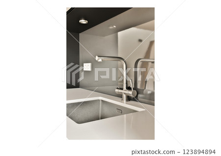 A sleek and modern kitchen sink featuring minimalist design elements, complemented by stylish fixtures and reflective surfaces that enhance the space. 123894894