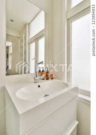 Contemporary bathroom featuring a sleek vanity sink, stylish tap fixtures, and a large mirror, all illuminated by natural light from nearby windows. Contemporary bathroom featuring a sleek vanity sink, stylish tap fixtures, and a large mirror, all illuminated by natural light from nearby windows. 123894933