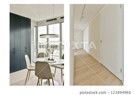 Spacious modern interiors featuring a stylish dining area and a bright, minimalist hallway, showcasing contemporary design elements and neutral colors. 123894968