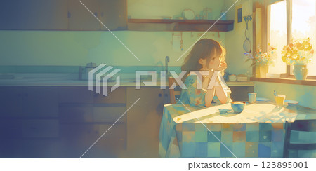 A woman eating breakfast while lost in thought, illustration, watercolor, banner material, illustration A woman eating breakfast while lost in thought, illustration, watercolor, banner material, illustration 123895001