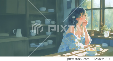一位女人在沉思中吃早餐，插圖，水彩畫，橫幅材料，插圖 123895005