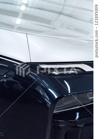 Luxury electric vehicle close-up showcasing sleek design and modern technology in a showroom setting 123895009