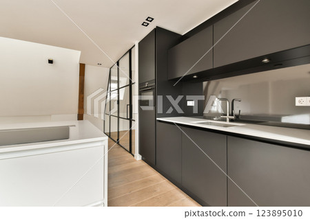 A sleek minimalist kitchen featuring modern cabinetry, elegant fixtures, and a seamless flow into spacious living areas, exuding sophistication and functionality. A sleek minimalist kitchen featuring modern cabinetry, elegant fixtures, and a seamless flow into spacious living areas, exuding sophistication and functionality. 123895010