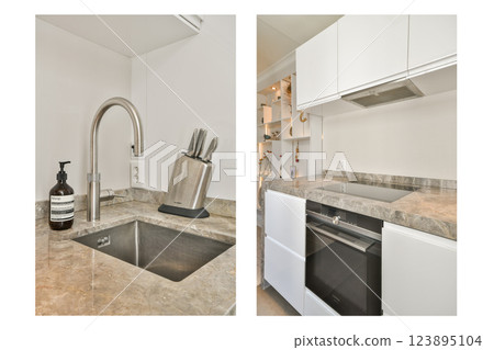 Minimalistic kitchen showcasing sleek appliances, stone countertops, and organized utensils. Ideal for contemporary home aesthetics and functionality. 123895104