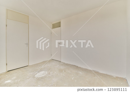 A vacant room featuring plain white walls and a concrete floor, providing a minimalist and clean aesthetic ideal for various uses. A vacant room featuring plain white walls and a concrete floor, providing a minimalist and clean aesthetic ideal for various uses. 123895111