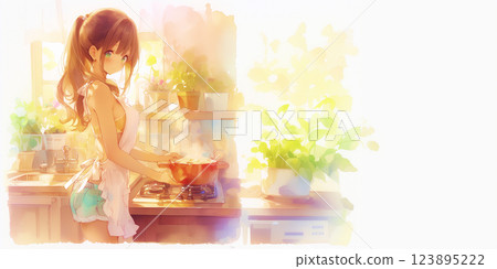 A woman taking a break between housework, illustration, watercolor, banner material, illustration 123895222