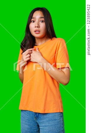 Young woman in an orange shirt expresses surprise against a bright green background Young woman in an orange shirt expresses surprise against a bright green background 123895422