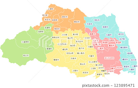 Map_Saitama Prefecture border with colored text Map_Saitama Prefecture border with colored text 123895471