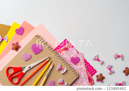 Creative workspace with colorful craft supplies for fun DIY projects and activities 123895481