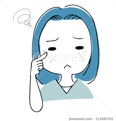 A hand-drawn illustration of an Asian woman with blemishes and skin concerns 123895502