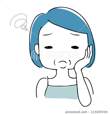 Hand-drawn illustration of an Asian woman who is self-conscious about her sagging face 123895504